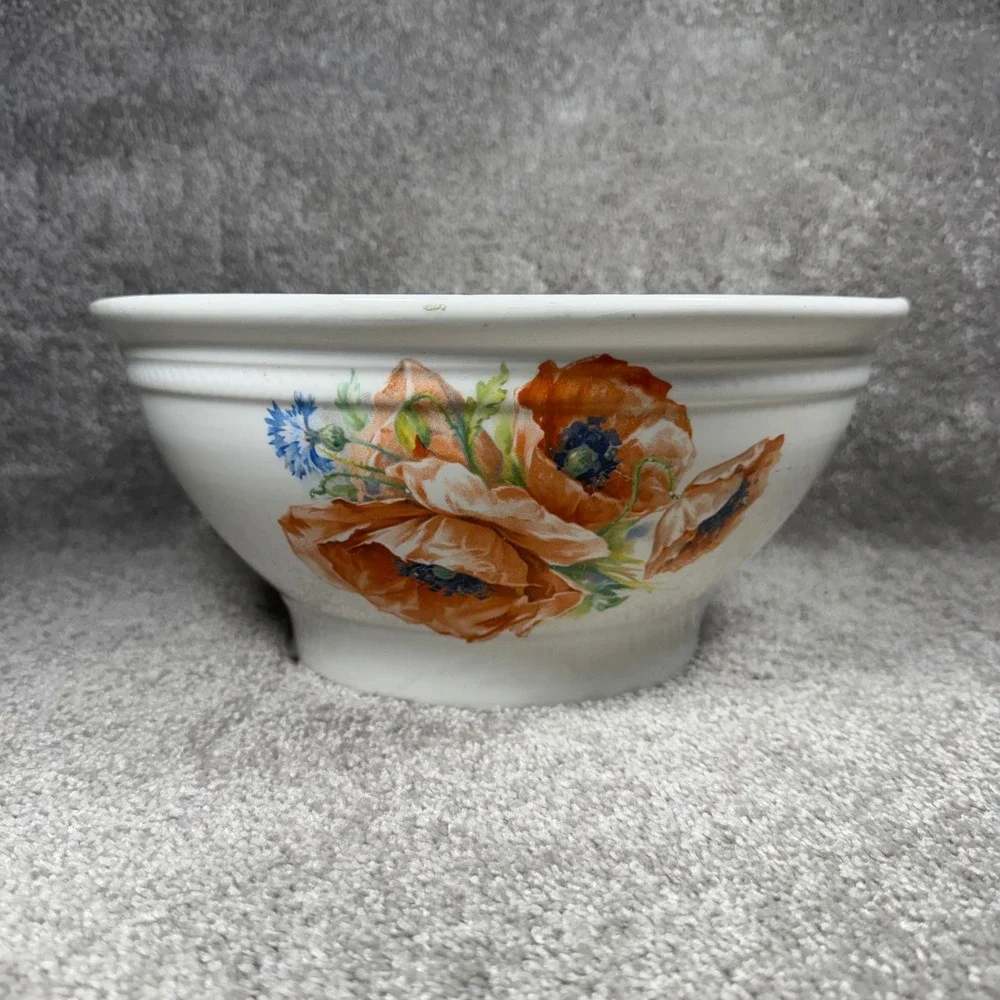Poppy Floral Mixing Bowl White Orange‎ Vintage Farmhouse